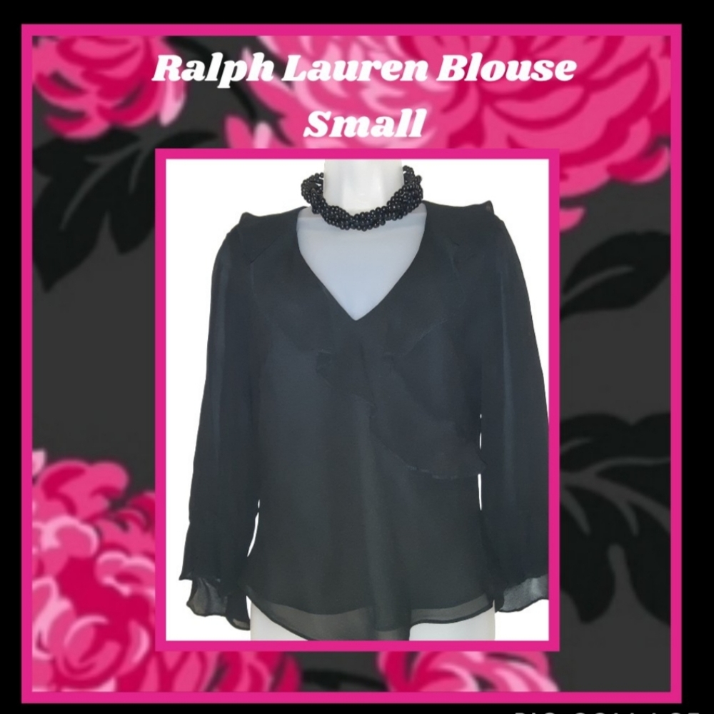 Black Sheer Ralph Lauren Bell Sleeve Blouse Small